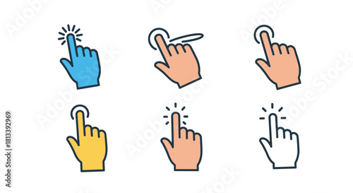 Illustrations of various human hands interacting with touch screen interfaces