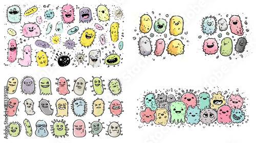 A playful doodle illustration of colorful microbes, germs, and bacteria with cute cartoon expressions. Ideal for science education, health materials, posters, and fun microbiology themes.
