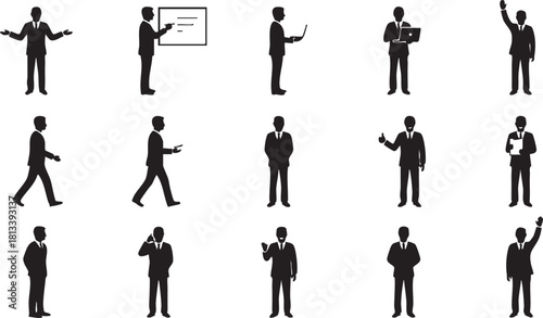 Collection of business people silhouettes in various poses and activities on a white background space