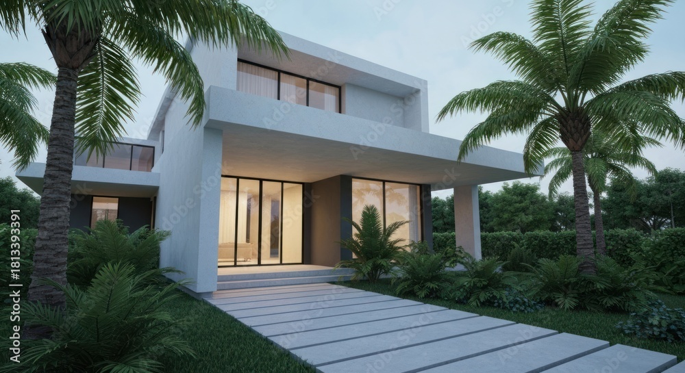 Fototapeta premium Contemporary white residence, large windows, surrounded by palm trees and tropical greenery