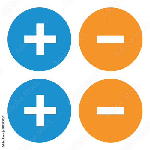 Four circular icons with plus and minus symbols in blue and orange