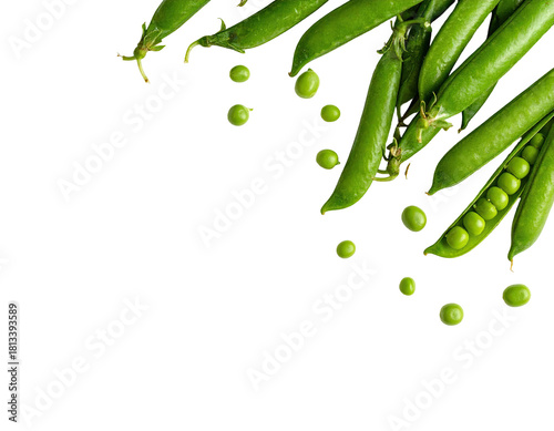 Fresh peas spill onto black. Crisp, green, and tasty!