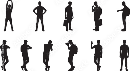Collection of silhouettes showing men in various poses and activities on a white background plain style