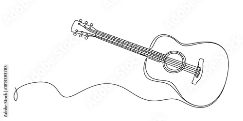 Continuous line art drawing of an acoustic guitar, minimalist vector illustration. music, melody, song, harmony, rhythm, creative design element.