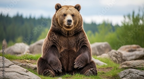 Majestic Grizzly Bear Sits Calmly in its Natural Wilderness Habitat