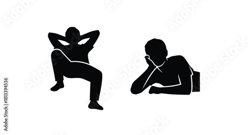 Two silhouetted figures in relaxed contemplative poses against a white background