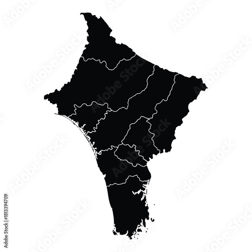 Black silhouette map of the state of kerala india with internal administrative divisions