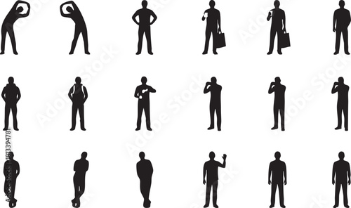 Silhouettes of people in various poses and actions against a white background in a studio shot