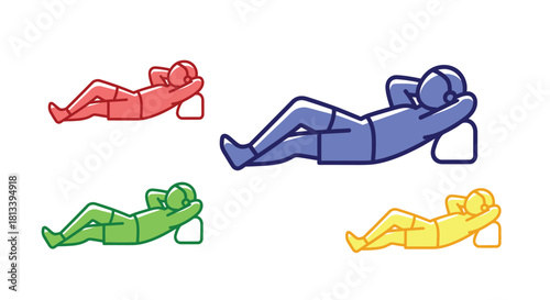 Stylized stick figures in reclining positions showcasing various color schemes
