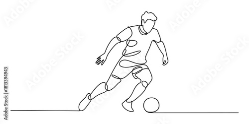 Continuous line drawing of a male soccer player running with the ball, showcasing athleticism and dynamic movement on a clean white background.