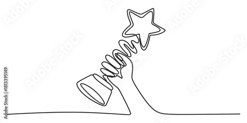Continuous line drawing of an arm and hand holding up a star trophy award, embodying victory, success, achievement, and top recognition.