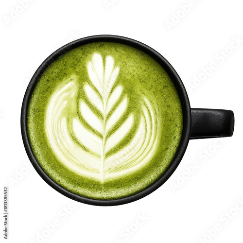 Top-Down View of a Delicious Matcha Latte with Intricate Leaf Art: A Healthy and Energizing Beverage, Perfect for a Cozy Morning or Afternoon Treat and a Trendy Cafe Experience (200 Ch)