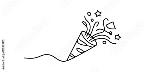 Party popper exploding with confetti and stars in a simple line art icon illustration, perfect for celebrations and festive events.