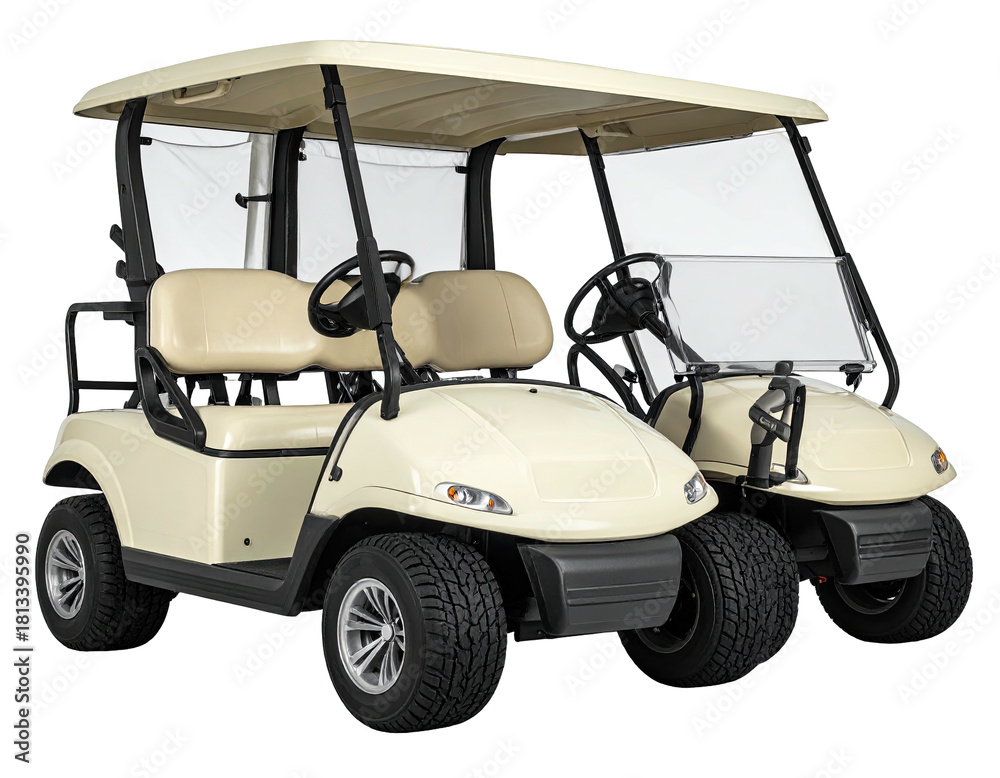 Fototapeta premium Two cream-colored golf carts; outdoorsy transport