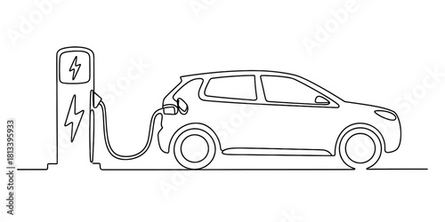 Electric vehicle charging at a station, depicted in a minimalist continuous one line drawing style. sustainable eco-friendly energy future.