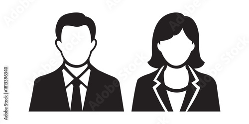 Business Man and Woman Icon – Professional Male and Female Silhouette Avatar, Corporate Team Profile Symbol, Office People Pictogram Vector Illustration