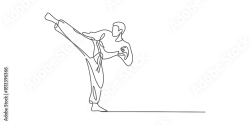 One continuous line art drawing of a young sporty man practicing karate or taekwondo high kick. dynamic martial arts training session
