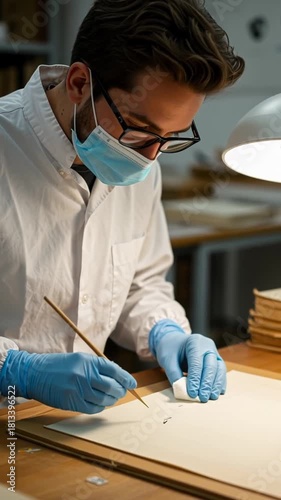 A person in a white lab coat, mask, and gloves examines a document with a fine brush under a lamp