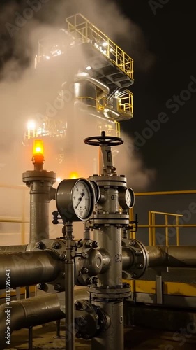 An illuminated industrial plant at night, displaying pipes, gauges, and a safety light with steam rising