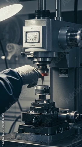 A gloved hand points to a metal object held by a machine, in a workshop setting