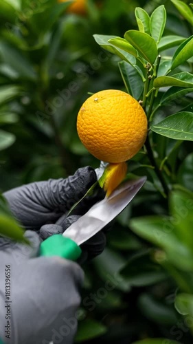 A gloved hand with a knife cuts a ripe orange from a branch amidst green foliage. The scene is close-up