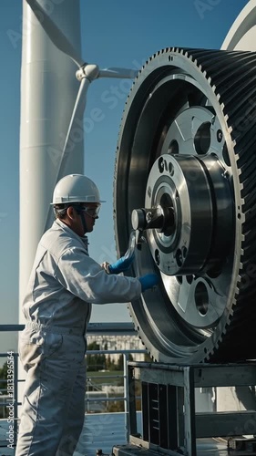 A worker in protective gear repairs a giant gear near a wind turbine, under a clear blue sky