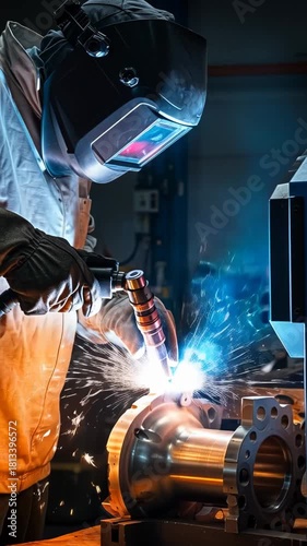 A welder in protective gear uses a torch, sparks fly. Welding a metal object in a factory setting