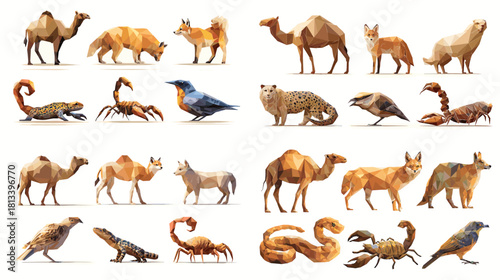 A striking low poly illustration set featuring desert animals including camels, foxes, scorpions and birds. Perfect for wildlife themes, geometric art, educational visuals and modern nature projects.