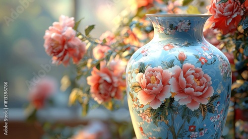Elegant light blue floral vase with painted pink peonies amidst blurry garden blooms