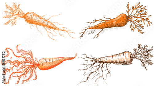 A detailed ink style illustration of carrots with roots and textured lines. Ideal for botanical drawings, organic food themes, vintage vegetable artwork, and farm to table design projects.