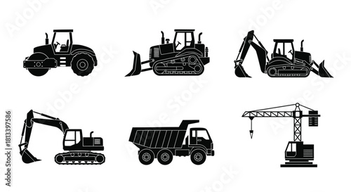 Black silhouette icons depicting various heavy construction machinery and equipment