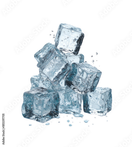 Stacked clear ice cubes, partially melting