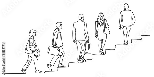 Continuous line art drawing of diverse business professionals climbing stairs, representing career progression, ambition, success, and growth