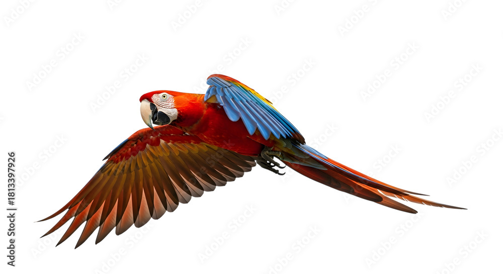 Fototapeta premium Scarlet macaw in flight against a black background colorful tropical bird