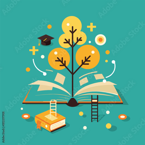 An open book transforms into a vibrant tree of knowledge, symbolizing education, learning, and growth with ladders reaching towards wisdom and academic symbols