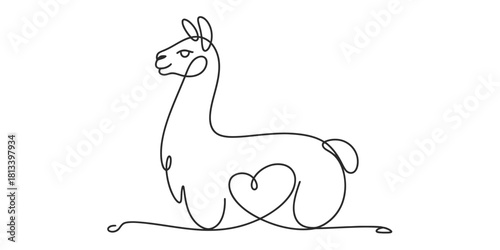 Elegant continuous line art drawing of a calm llama with a subtle heart shape integrated into its body, symbolizing love and tranquility