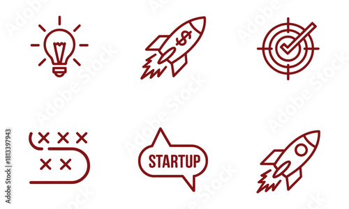 Set of startup icons thin line vector illustration of business strategy light bulb rocket and target isolated on white background