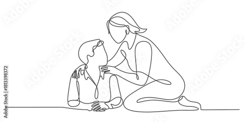 Continuous line drawing of a caring mother comforting her beloved child, illustrating a tender moment of support and deep family bond, simple art