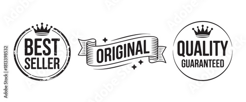 Set of vector badges with crown ribbon and text including best seller original and quality guaranteed ideal for product promotion and branding