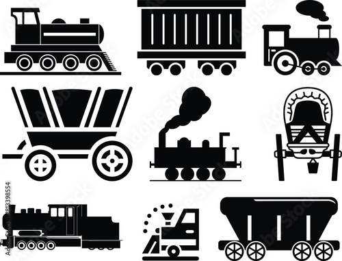 wagon and locomotive icon set.locomotive and wagon line icon collection. train, repair train and railway freight cars.container train icon sign vector. Black wagon and locomotive.