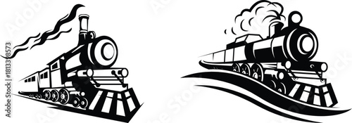 wagon and locomotive icon set.locomotive and wagon line icon collection. train, repair train and railway freight cars.container train icon sign vector. Black wagon and locomotive.