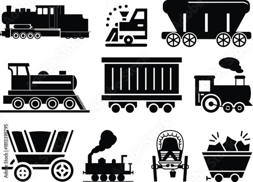 wagon and locomotive icon set.locomotive and wagon line icon collection. train, repair train and railway freight cars.container train icon sign vector. Black wagon and locomotive.