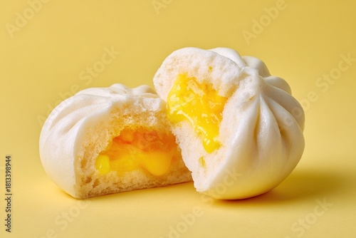 Chinese custard baozi bun split in half showing molten creamy egg filling on yellow background