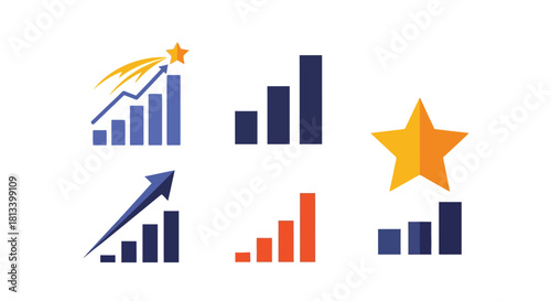 Growth success and financial progress depicted through bar graphs and stars