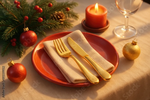 Festive holiday dinner table with golden cutlery, red plate, candle, and ornaments