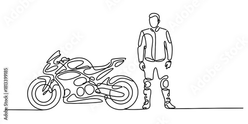 Continuous line drawing of a motorcycle rider in a protective suit standing next to a sport bike on a white background