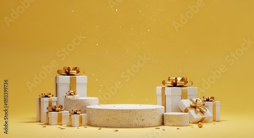 Festive white gift boxes and display platforms on yellow, with sparkling gold confetti