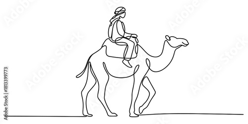 Minimalist single continuous line art drawing of a desert traveler riding a camel, depicting an ancient journey, nomadic culture, and desert exploration.