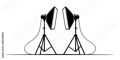 Professional photography studio lighting setup with two softboxes on tripods, black silhouette illustration on a clean white background.