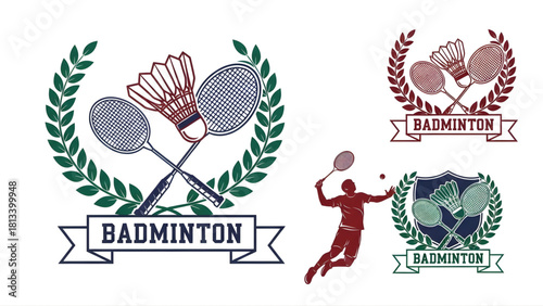 Badminton Logos Collection of vector illustrations with shuttlecocks, rackets, and laurel wreaths for sports clubs or events